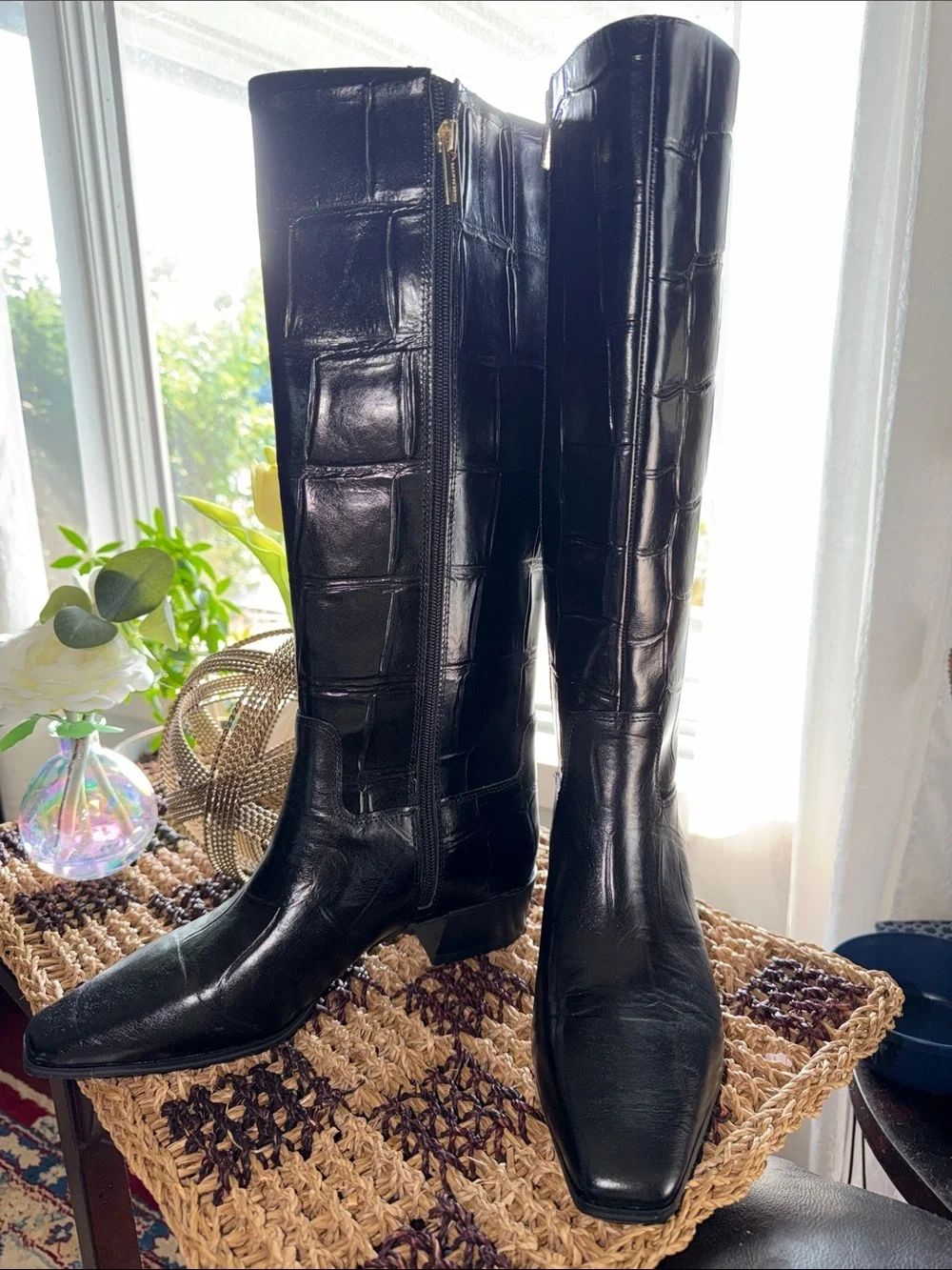 Vince Camuto Pavla Black Croc Embossed Leather Knee High Boots Size 6
